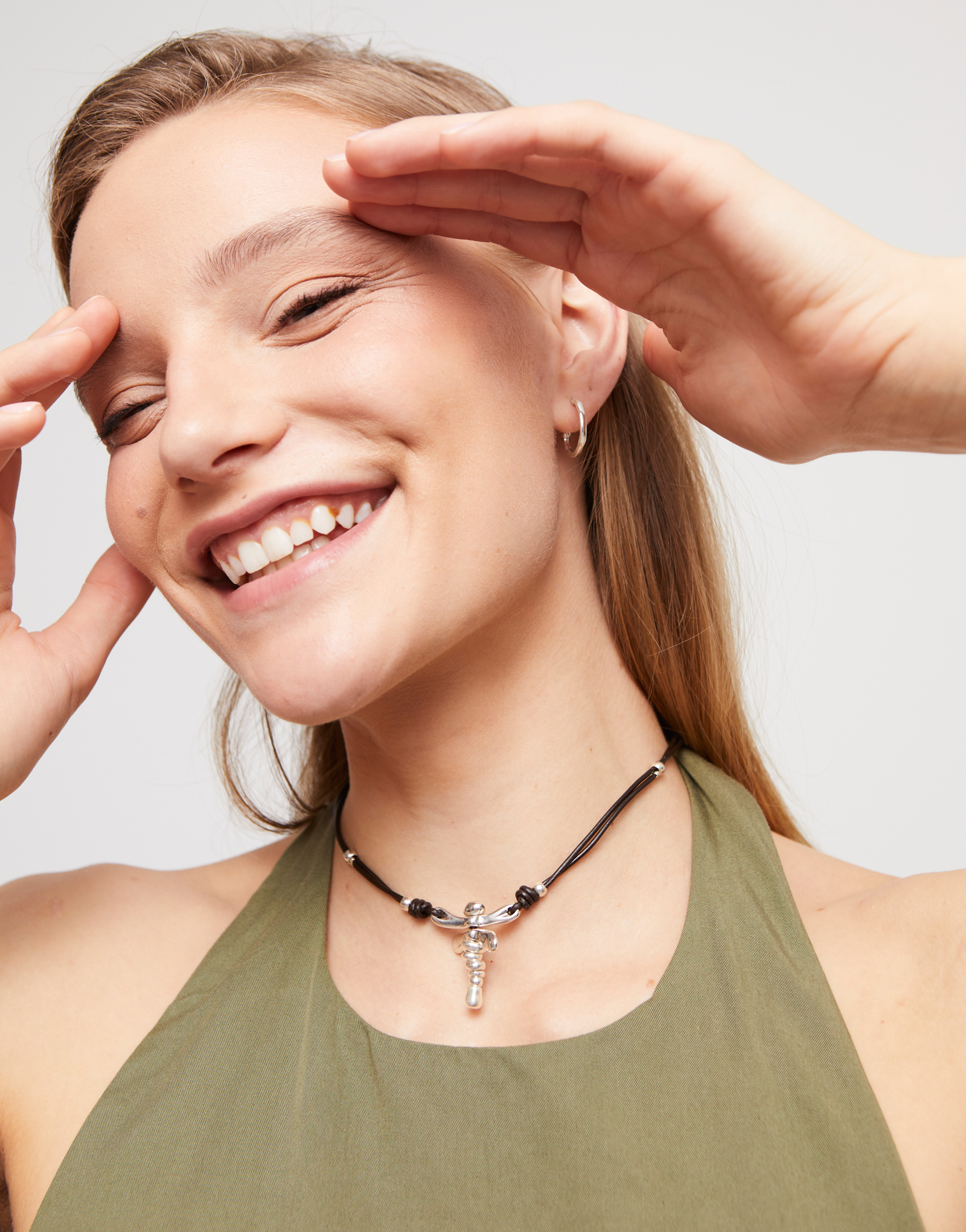 Leather pendant necklace with dragonfly, Silver, large thumbnail